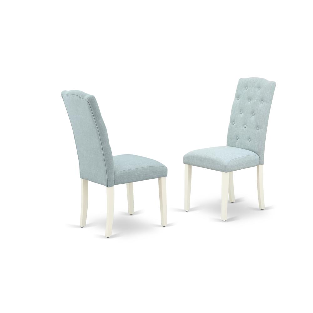 East West Furniture 5-Pc Dining Table Set- 4 Dining Padded Chairs with Baby Blue Linen Fabric Seat and Button Tufted Chair Back - Rectangular Table Top & Wooden Legs - Linen White Finish
