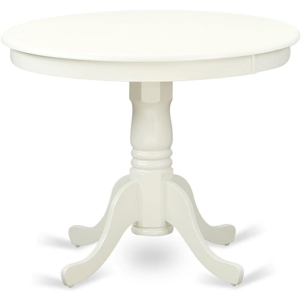 5-Piece Dining Set, Pedestal Table, 4 Wood Chairs, Linen White Finish, Classic