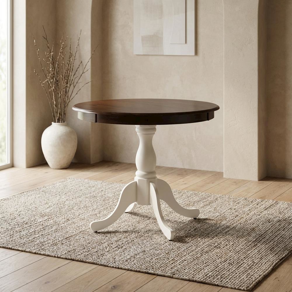 Walnut Linen White Round Pedestal Table, Seats 4, Wood Dining