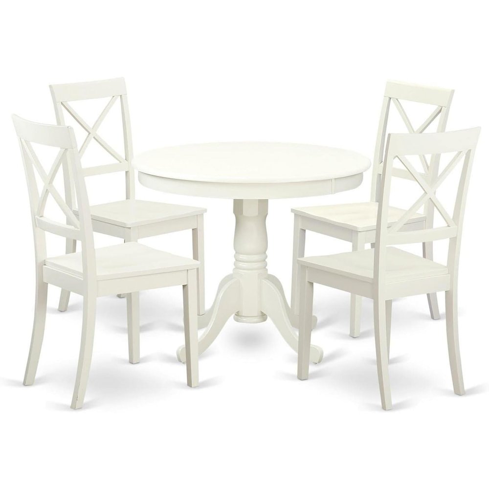 5-Piece Dining Set, Pedestal Table, 4 Wood Chairs, Linen White Finish, Classic