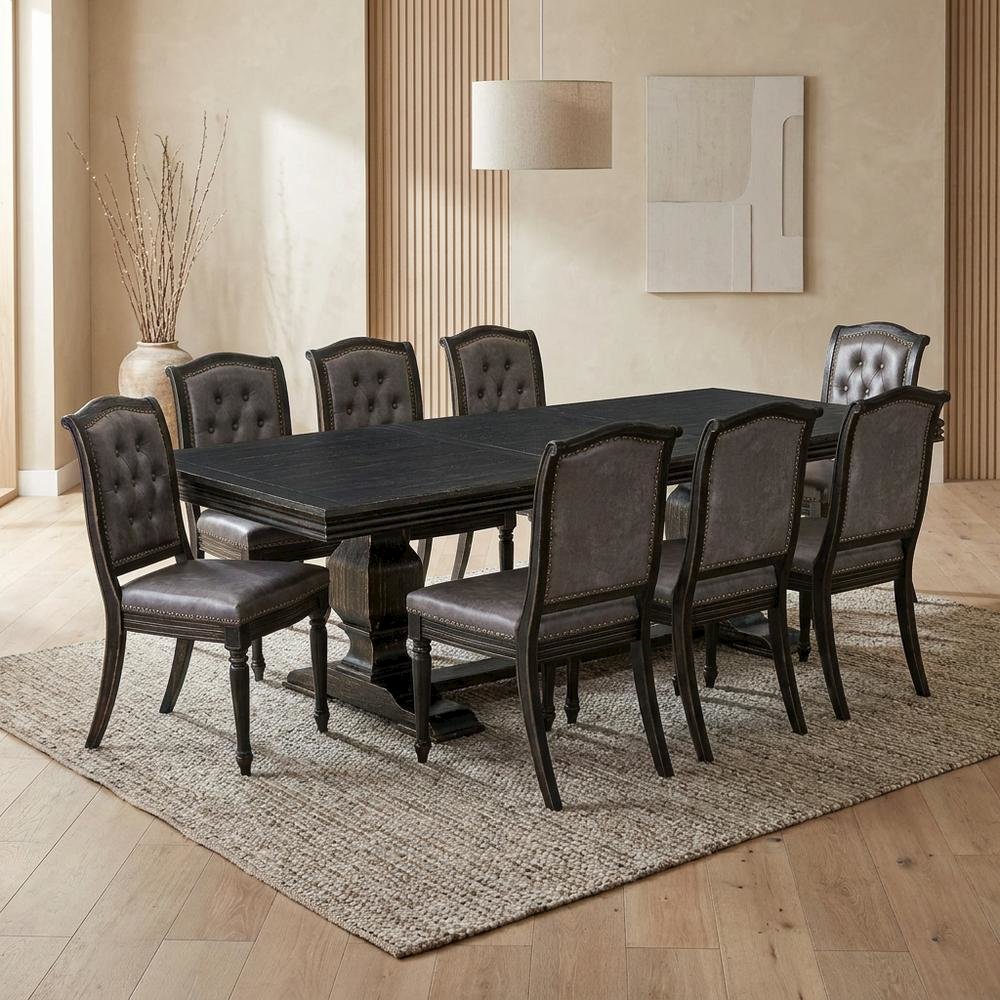 Solid Wood Rectangular Dining Table & Button-Tufted Chairs 9-Piece, Dark Grey