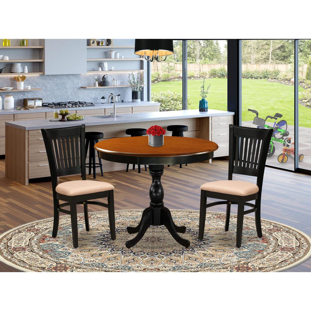 East West Furniture 3-Pc Kitchen Dining Table Set Consists of a Kitchen Table and 2 Linen Fabric Mid Century Chairs with Slatted Back - Black Finish