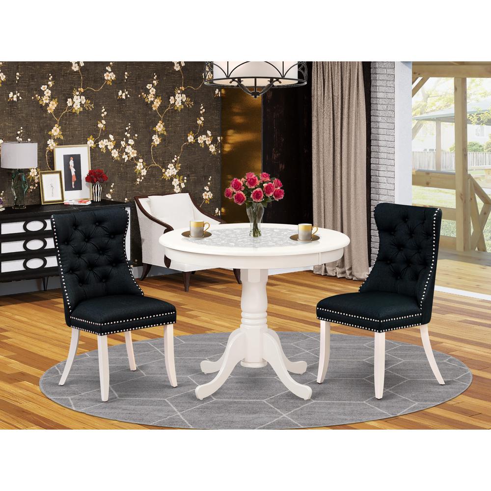 East West Furniture ANDA3-LWH-24 3 Piece Dining Set Includes a Round Kitchen Table with Pedestal and 2 Upholstered Chairs, Linen White