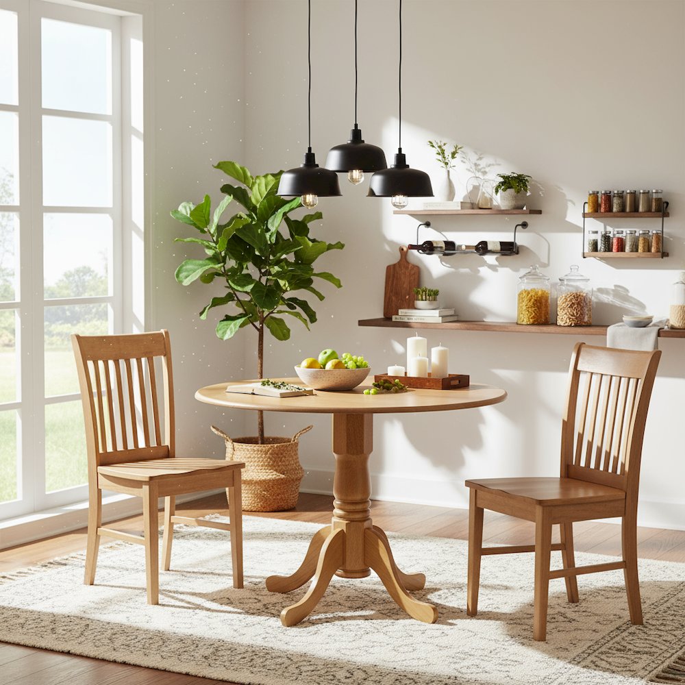 3-Piece Dining Set, Round Drop Leaf Table, 2 Wood Chairs, Oak Finish, Compact