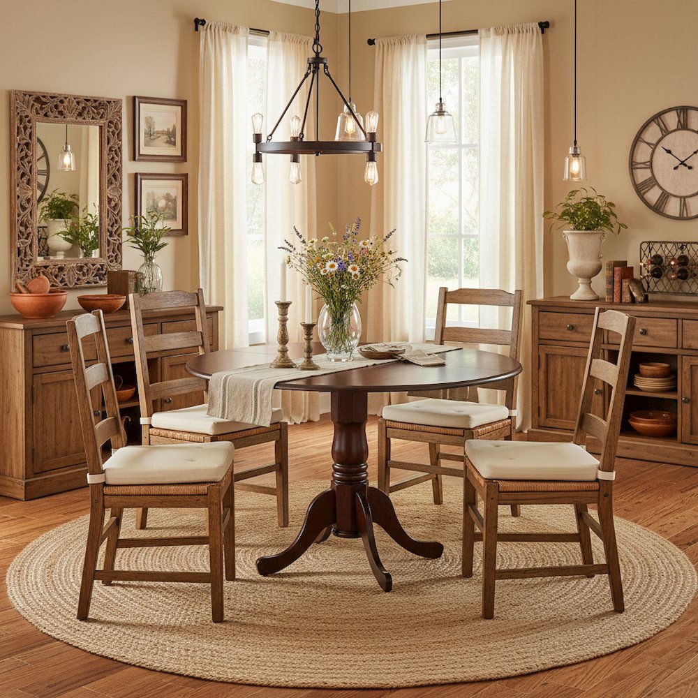 Round Table, Two 9" Drop Leaves, Mahogany Finish, Solid Wood, Compact Size