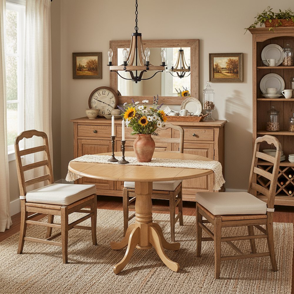Round Table, Two 9" Drop Leaves, Oak Finish, Solid Wood, Space Efficient