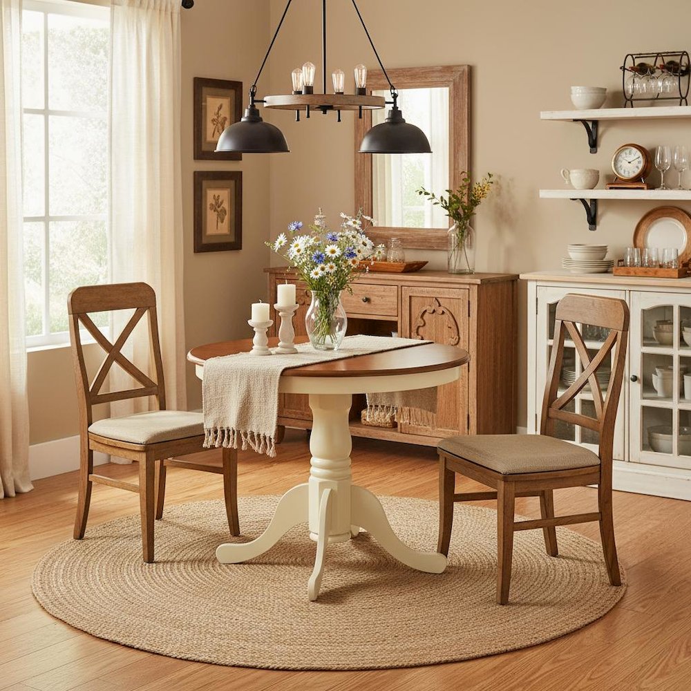 Small Dining Table, Round, Buttermilk & Cherry, Pedestal Base, Rubber Wood