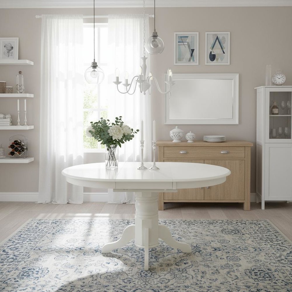 Oval Dining Table, Linen White, Butterfly Leaf, Solid Wood Pedestal