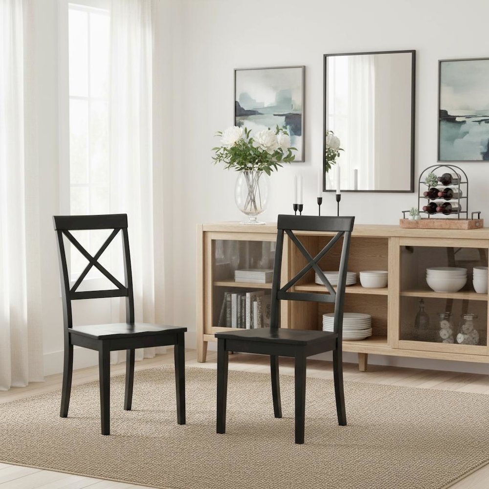 Black Dining Chair, Wooden Seat, X-Back, Set of 2, Wooden