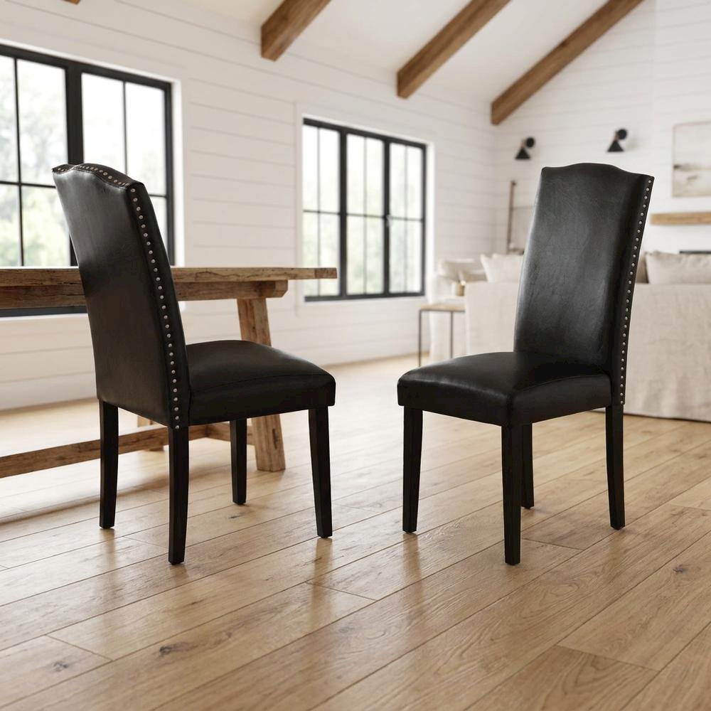 Faux Leather Parsons Dining Chairs with Nailhead Trim, Padded, Set of 2