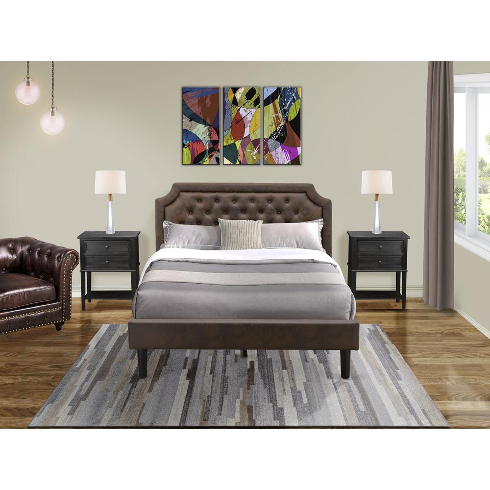 GB25Q-2VL06 3-Pc Bed Set with Frame and 2 Wire Brushed Black End Tables for bedroom - Dark Brown Faux Leather and Black Legs