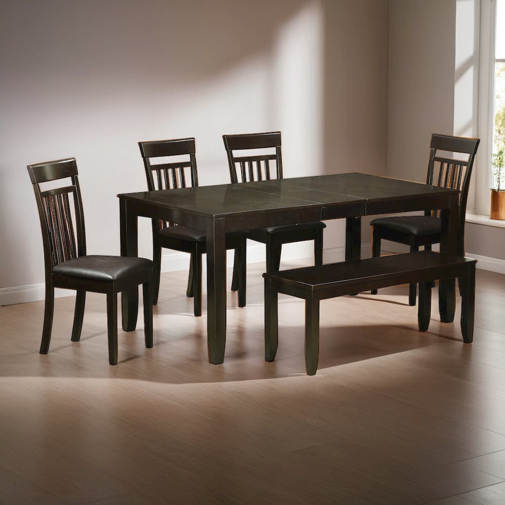 Dining Table Set for 6 with Leaf Extension, 4 Chairs, and Bench