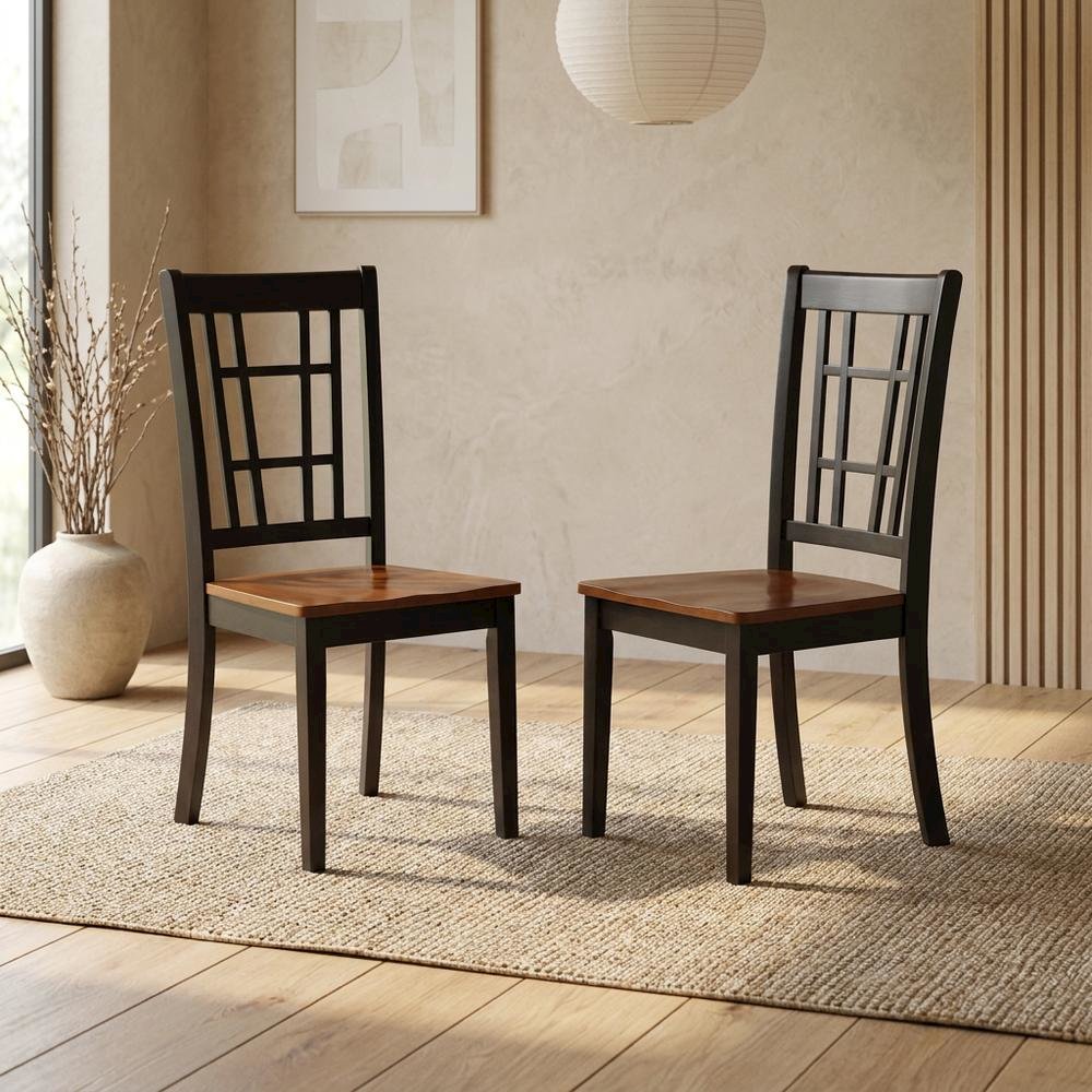 Solid Wood Dining Chairs, Traditional High-Back Wooden Kitchen Chair Set, Black, Set of 2