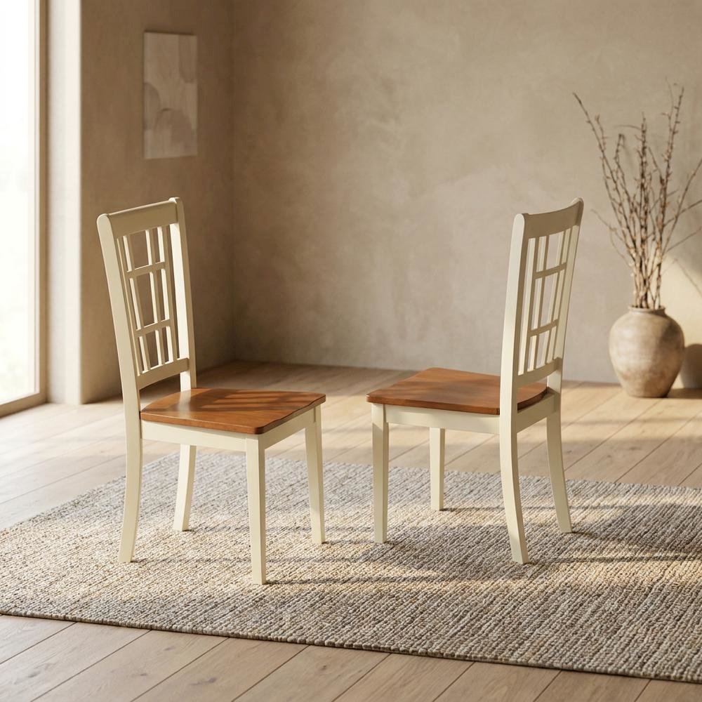 Solid Wood Dining Chairs, Traditional Wooden Kitchen Chair, Buttermilk & brown, Set of 2