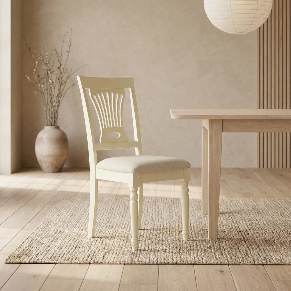 Solid Wood Upholstered Dining Chair with Linen Cushioned Seat, Traditional, Set of 2