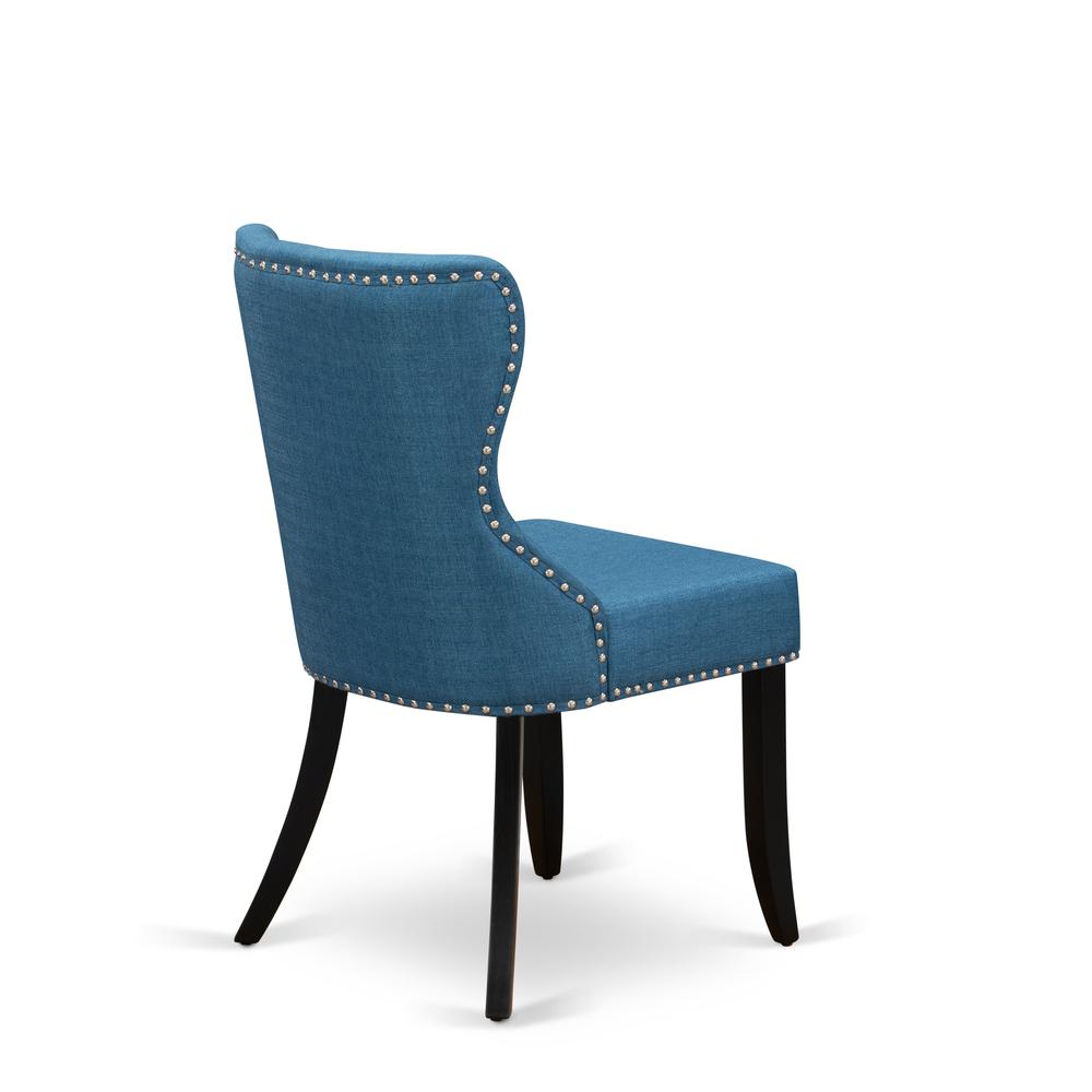 East West Furniture - Set of 2 - mid century Dining Chairs- Dinner Chairs Includes Black Wood Structure with Blue Linen Fabric Seat with Nail Head and Button Tufted Back
