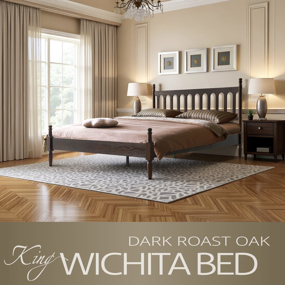 King Wooden Platform Bed Frame, Dark Roast Oak Finish, Traditional Style
