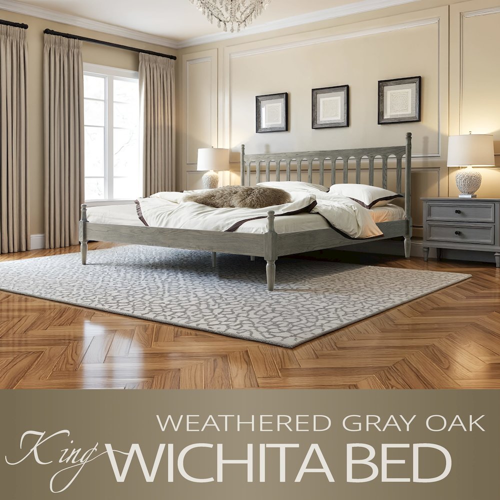 King Wooden Platform Bed Frame, Weathered Gray Oak Finish, Traditional Style