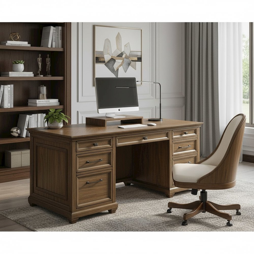 Wood Double Pedestal Desk, 7 Drawers, Locking File, Brown