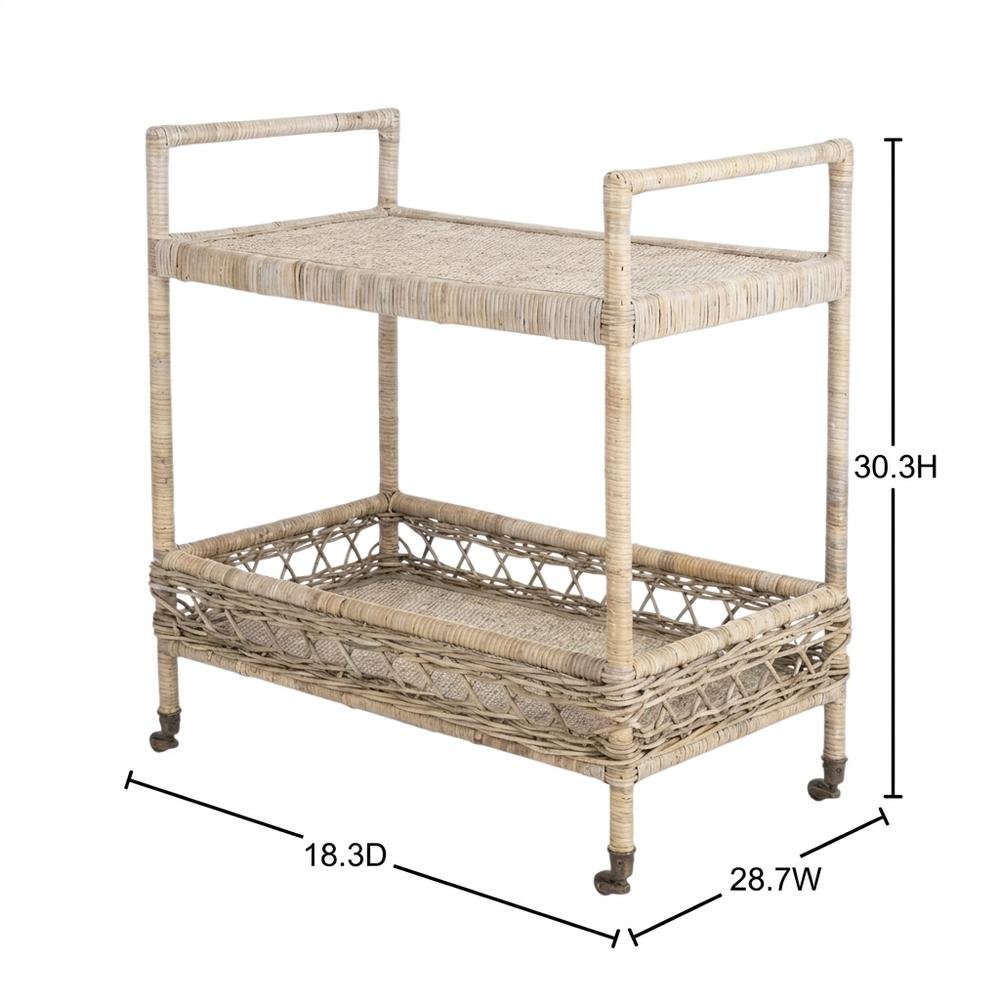 Grey Rattan Bar Cart with 2 Tiers, Antique Brass accents for stylish serving