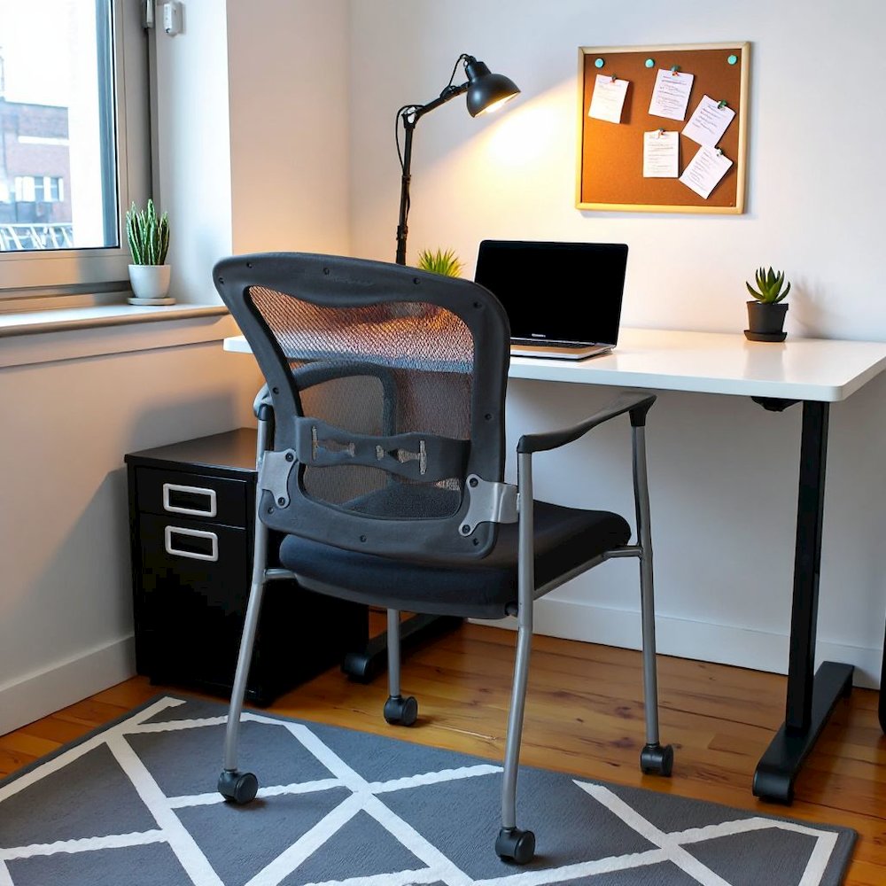 Black Guest Chair With Arms – Stackable Chair With Wheels for Offices
