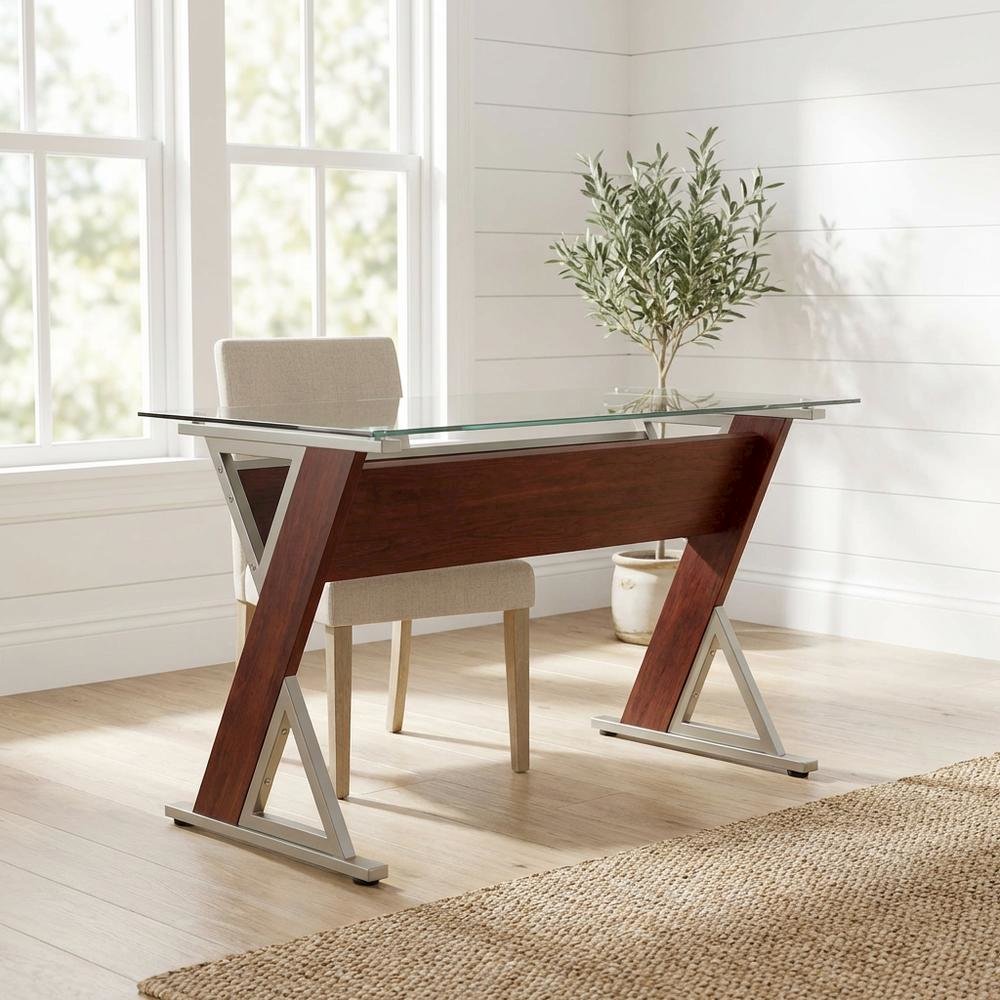 Stylish Cherry Office Desk With Glass And Iron Details For Workspaces