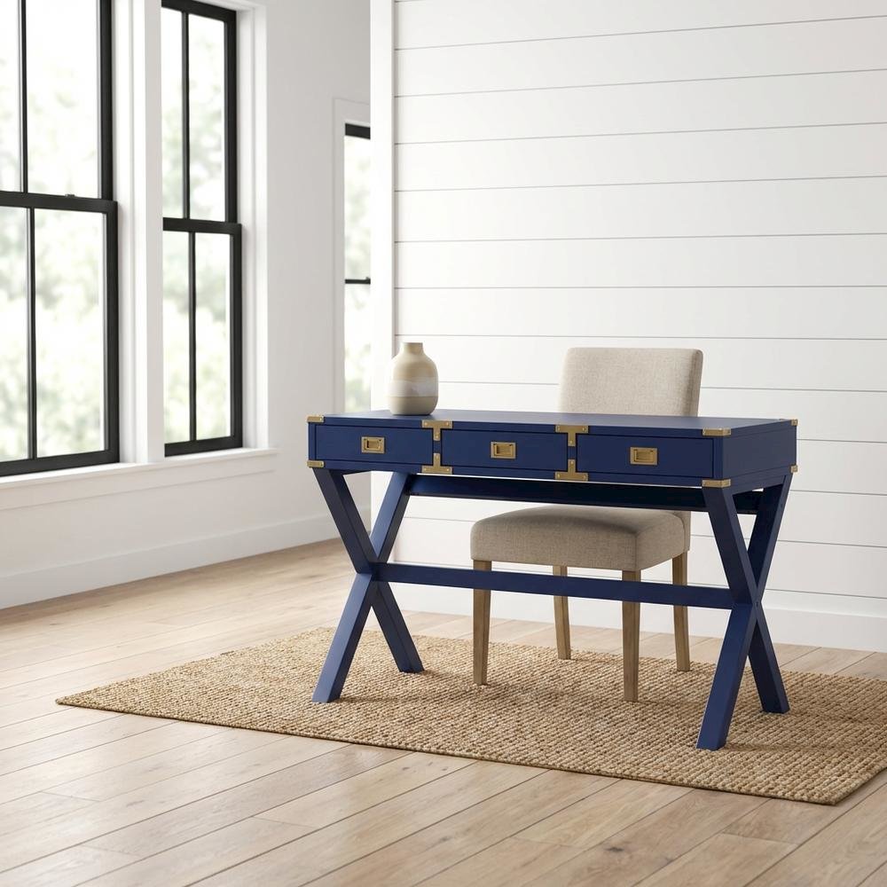 Lapis Blue Office Desk With Power Outlets And Modern Design