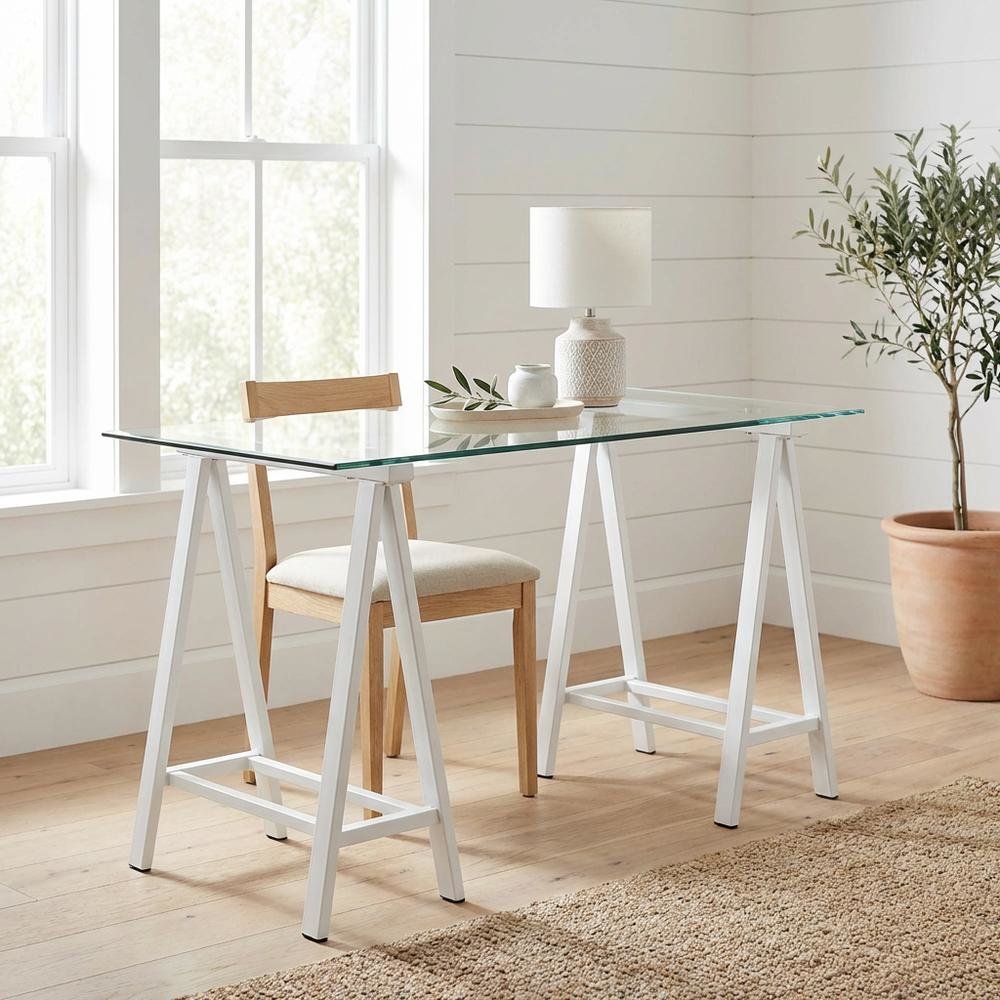White Glass Top Office Desk With Iron Frame For Modern Workspace