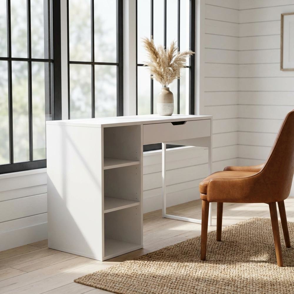 White Finish 40-Inch Office Desk With Steel Frame And Ample Workspace