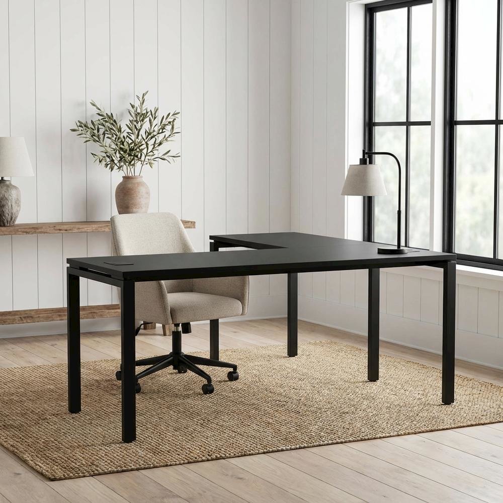 Black L-Shape Computer Workstation with Steel and Particle Board Components