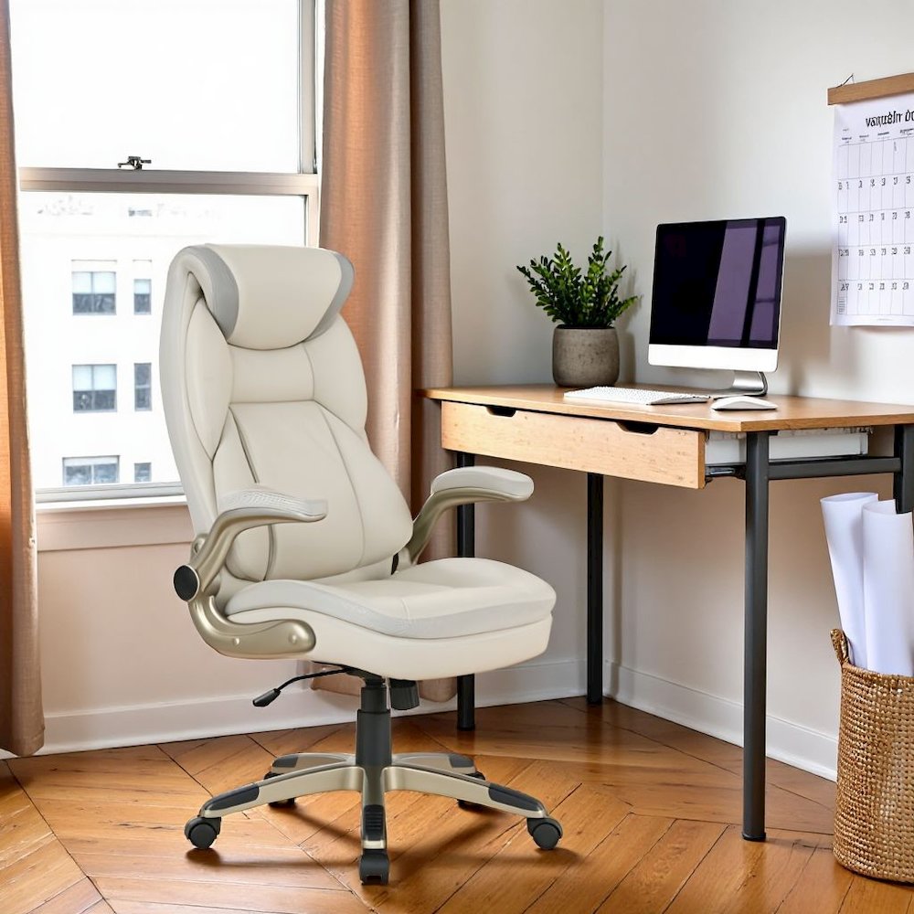 Taupe Bonded Leather Executive Chair With Cocoa Coated Base and Wheels