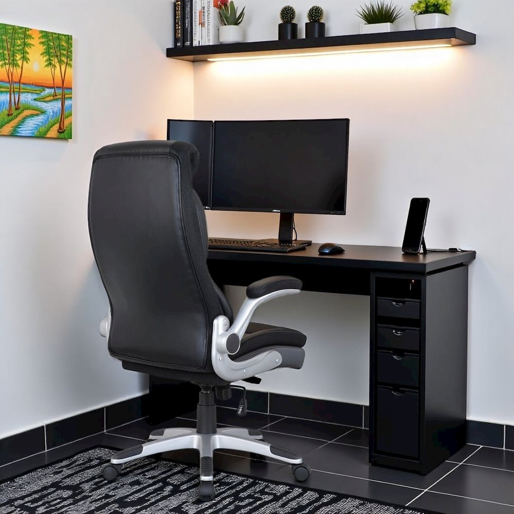 Executive Black Leather Chair – High-Back Work Chair With Silver Base
