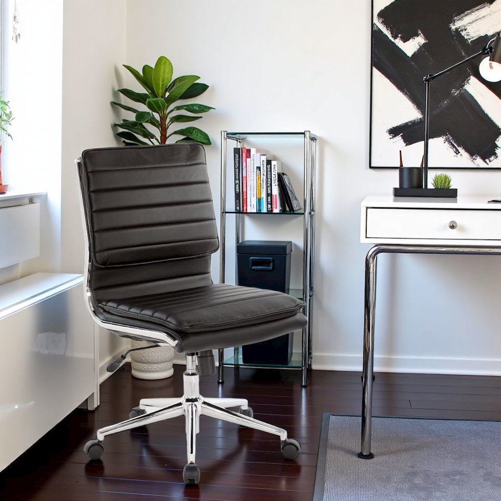 Armless Black Modern Office Chair – Faux Leather Small Desk Seating