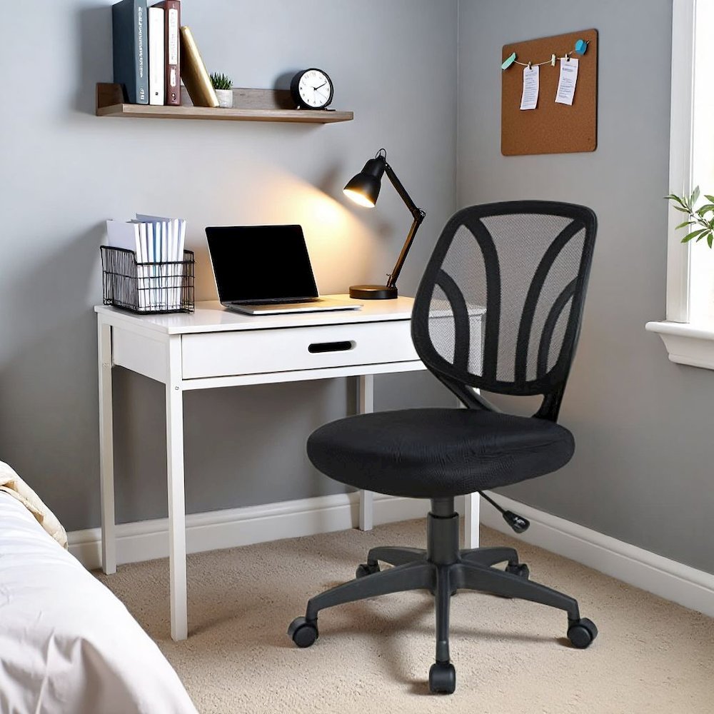 Black Armless Desk Chair – Modern Office Chair With Mesh Screen Back