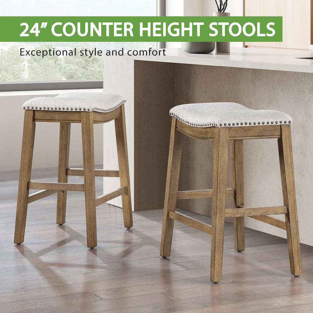 Saddle Stool 24" in Linen Fabric With Medium Oak Wood Finish 2-Pack