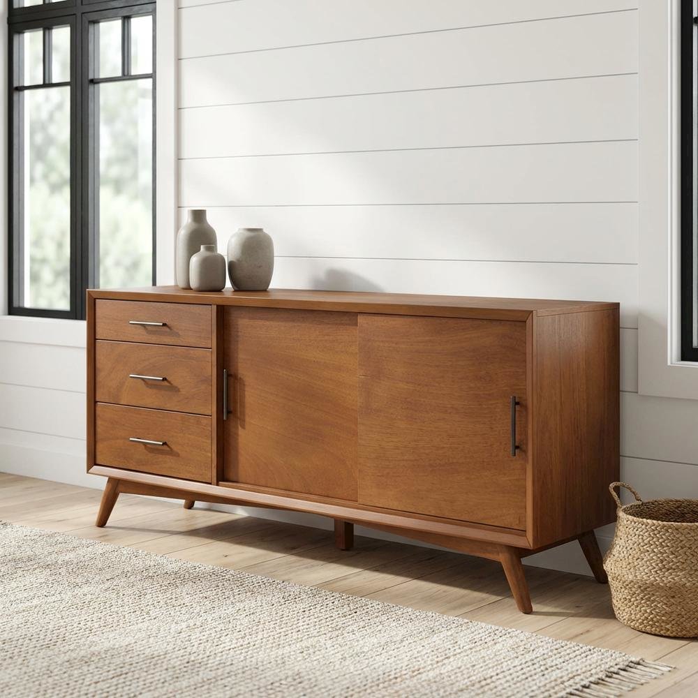Wooden TV Console in Brown with Mid Century Modern Design