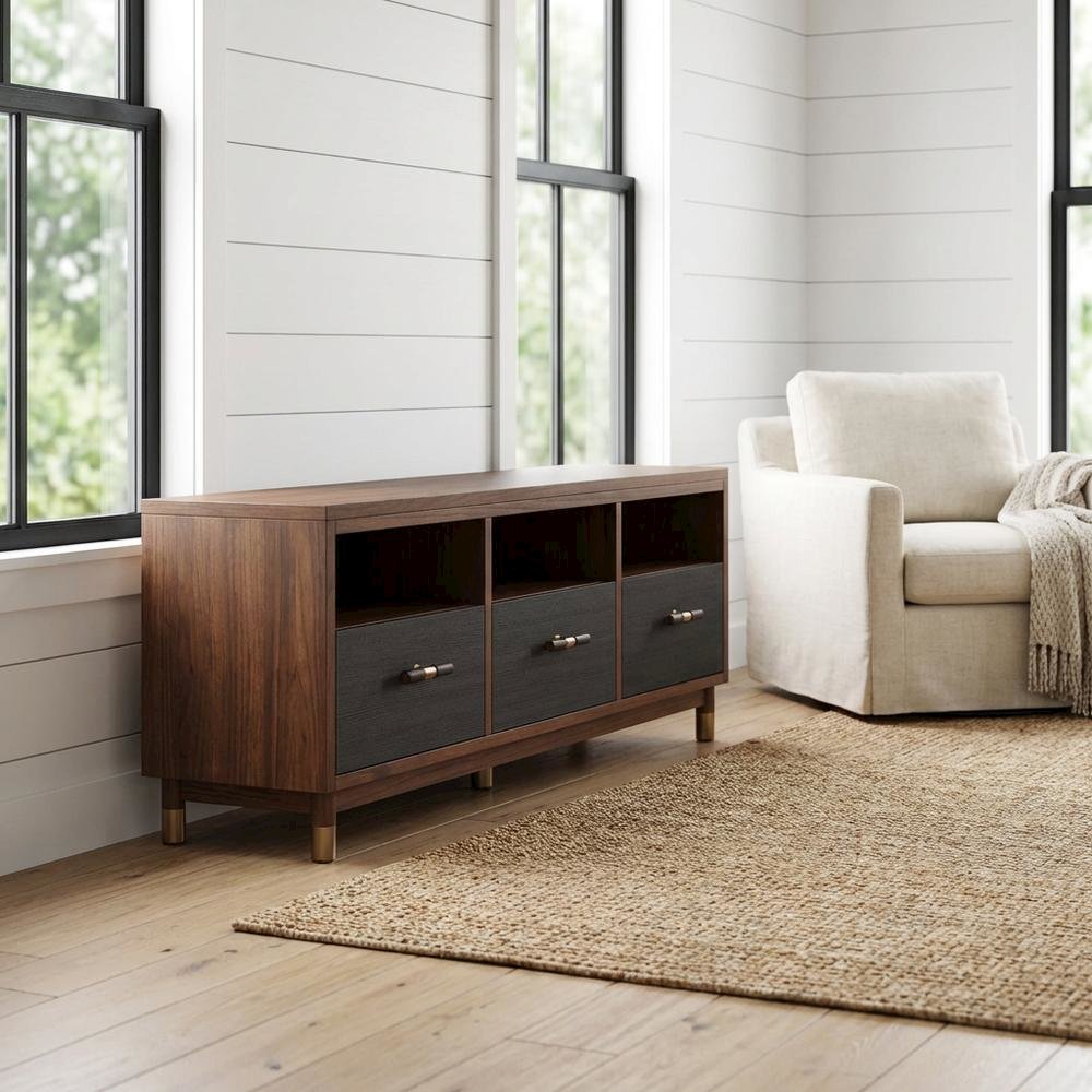 Black Mahogany Solids & Veneer TV Console with 3 Drawers and Modern Design