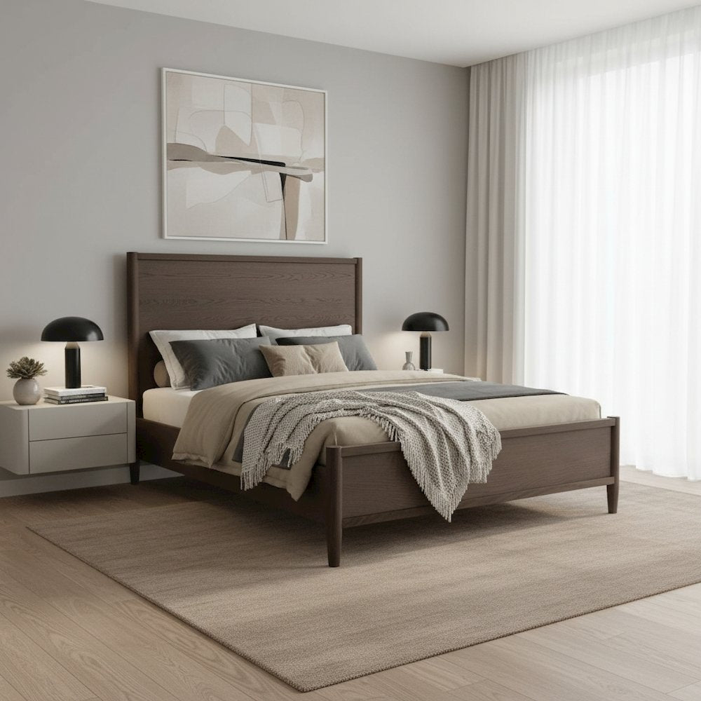 Walnut King Panel Bed with Modern Contemporary Design and Sturdy Construction