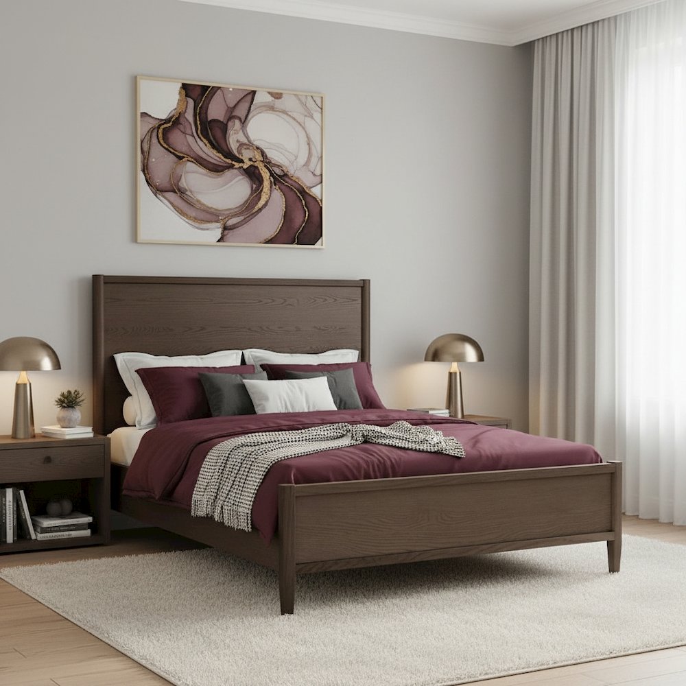 Walnut Queen Panel Bed with Modern Contemporary Design and Sturdy Frame