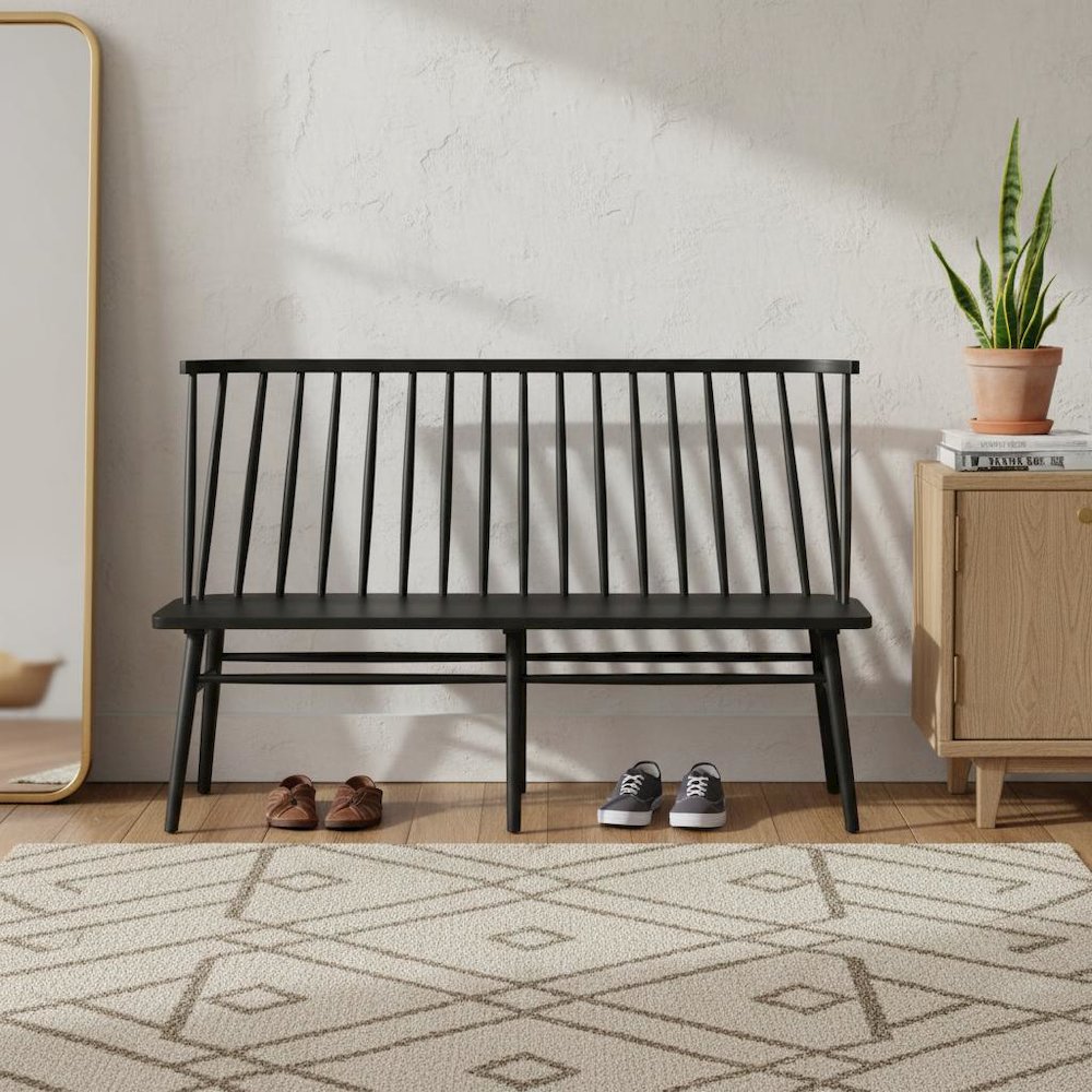 Farmhouse Style Windsor Dining Bench with Solid Wood Frame and Comfortable Seat