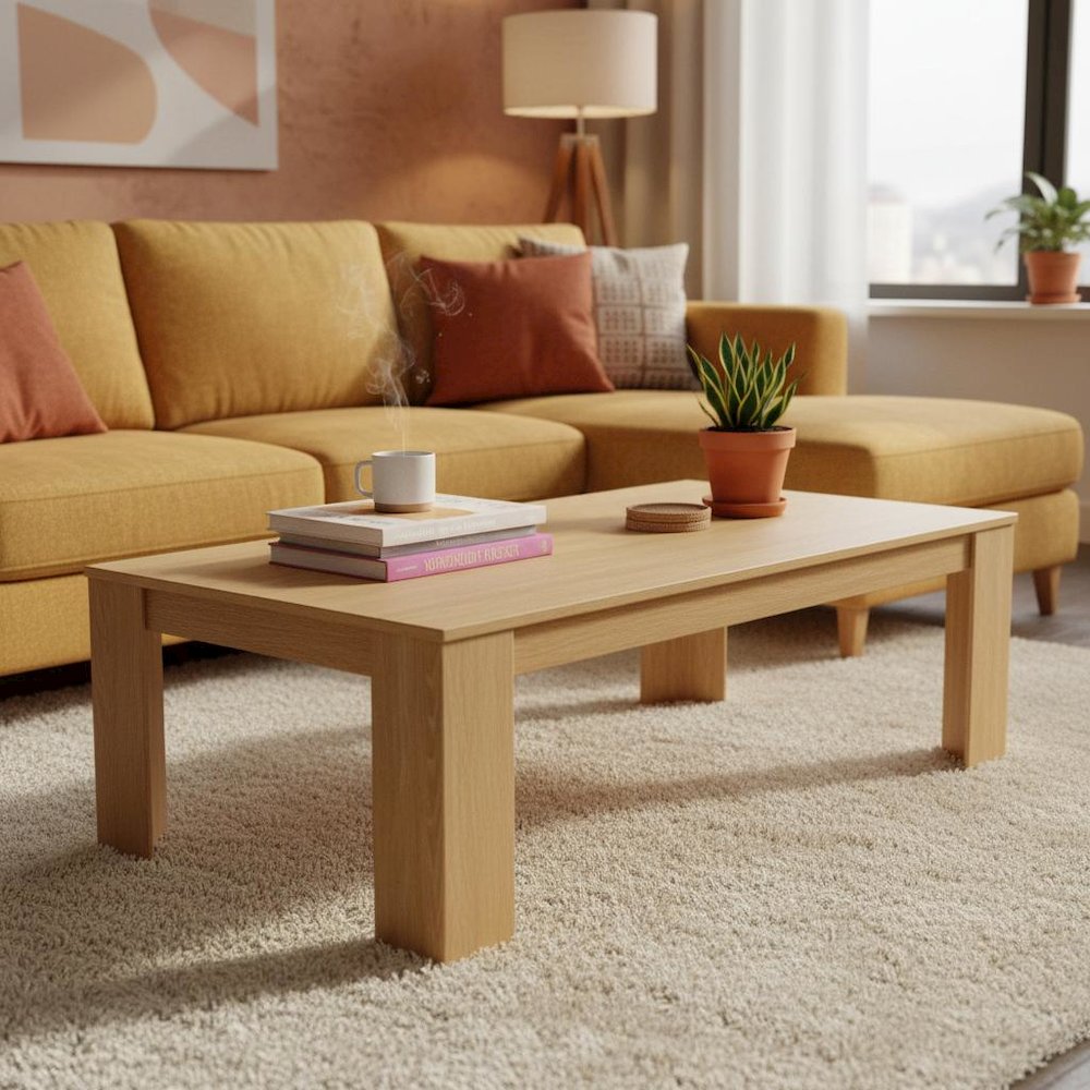 Rectangular Coffee Table with Light Wood Finish, Transitional Design