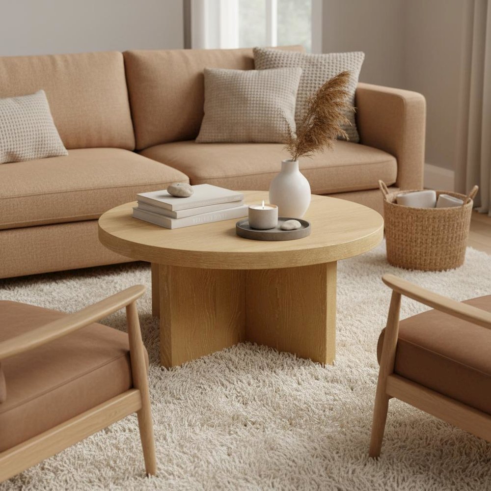 Round Coffee Table with Wood-tone Top and Modern Rustic Style Solid Base