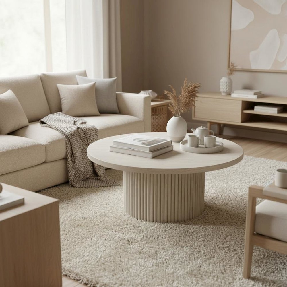 White Wash Round Cocktail Table with Modern Design and Sturdy Base
