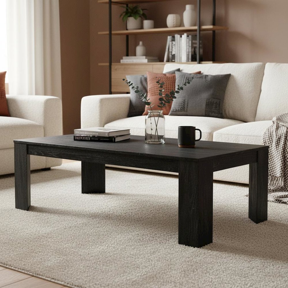 Rectangular Black Coffee Table with Sturdy Legs and Transitional Style