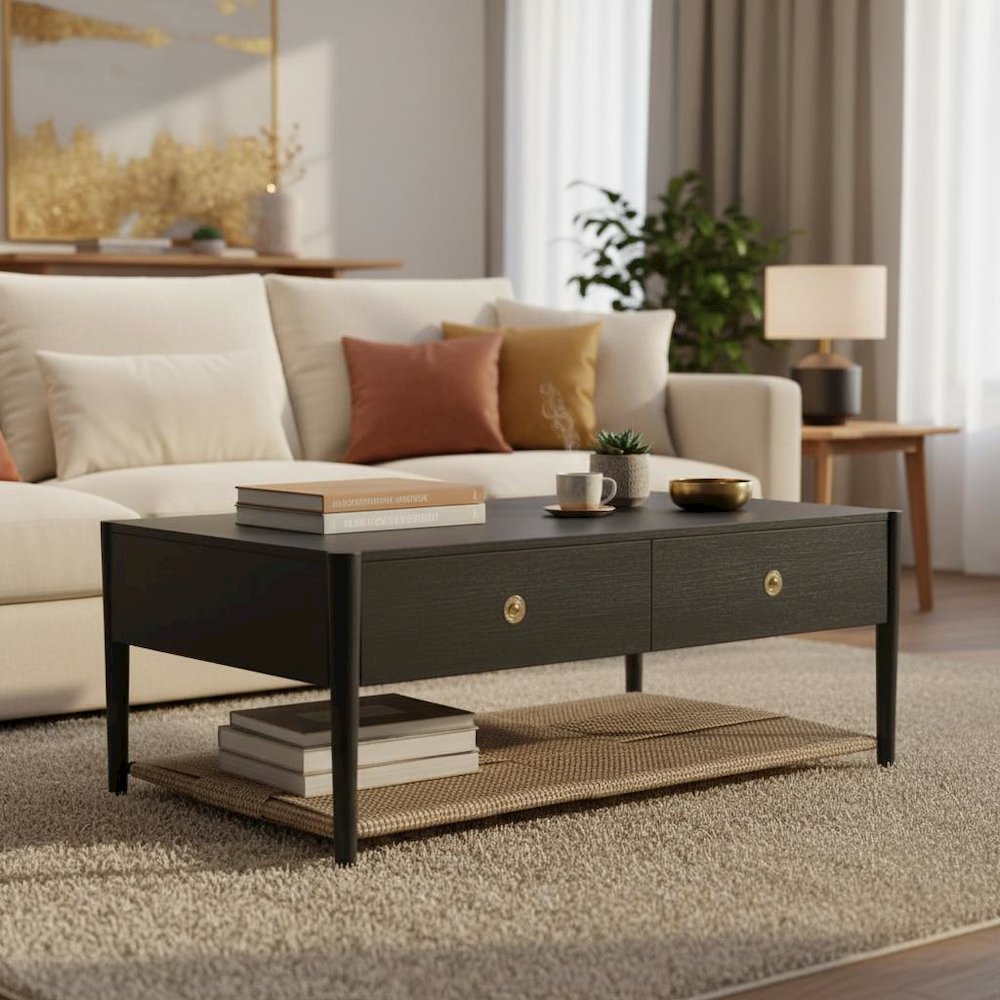 Charcoal Gray Coffee Table with Drawer and Open Shelf Modern Design