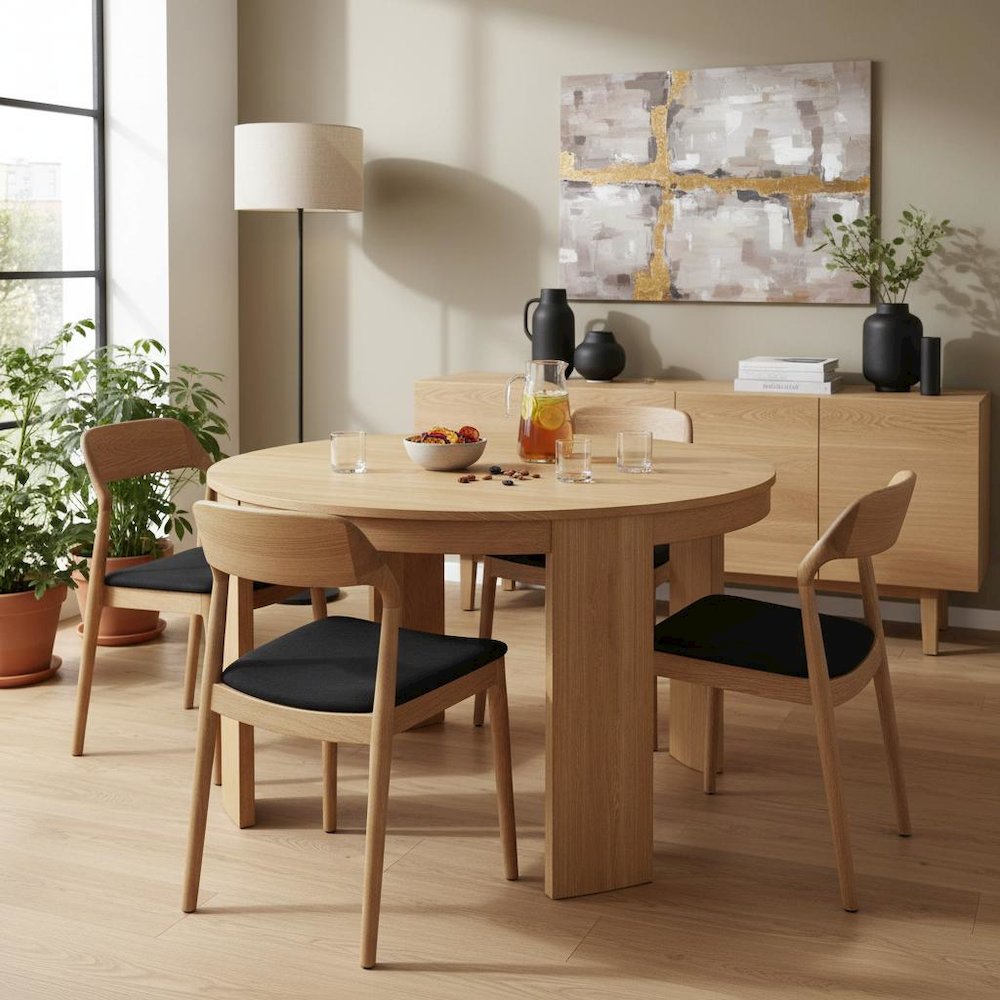 Round Light Wood Extension Dining Table with Adjustable Height and Sturdy Legs