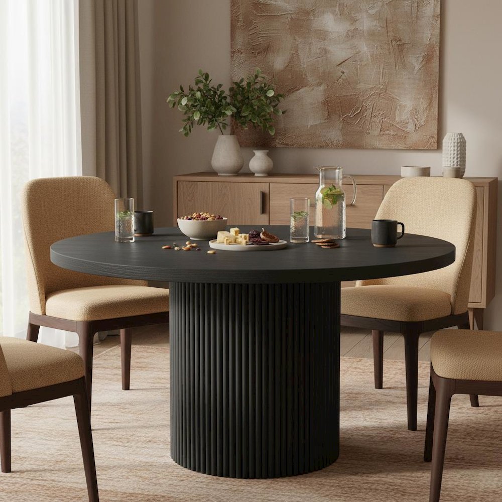 Round Dining Table Black Modern Design Single Piece with Thick Top