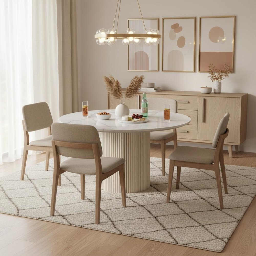Round Dining Table White Wash Base Quartz Top Modern Design Solid Construction