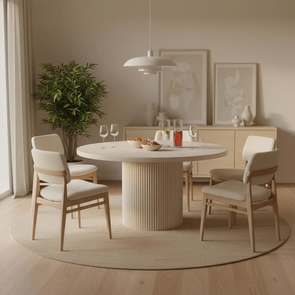 Round Dining Table White Wash Modern Design with Thick Tabletop Solid Legs