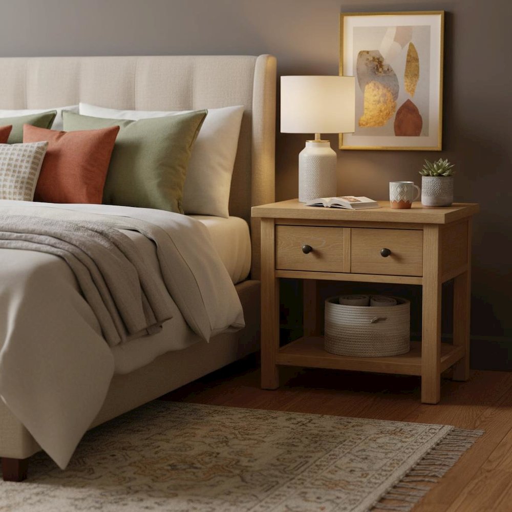 White One Drawer Nightstand with Rubberwood Solids and Oak Veneer